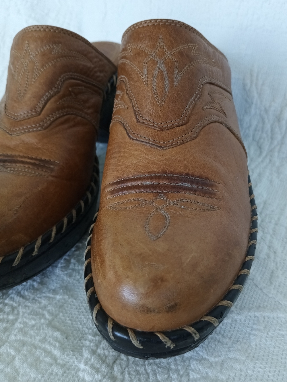 Sonora Tan Leather Slip On Clog Mule Western Cowgirl Chunky Heel Embroidery - Picture 10 of 16